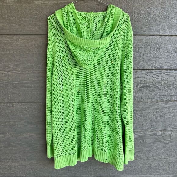 Quaker Factory 3X Lime Green Open-Knit Zip Cardigan Sweater Jacket Sequins Hood - Picture 9 of 9